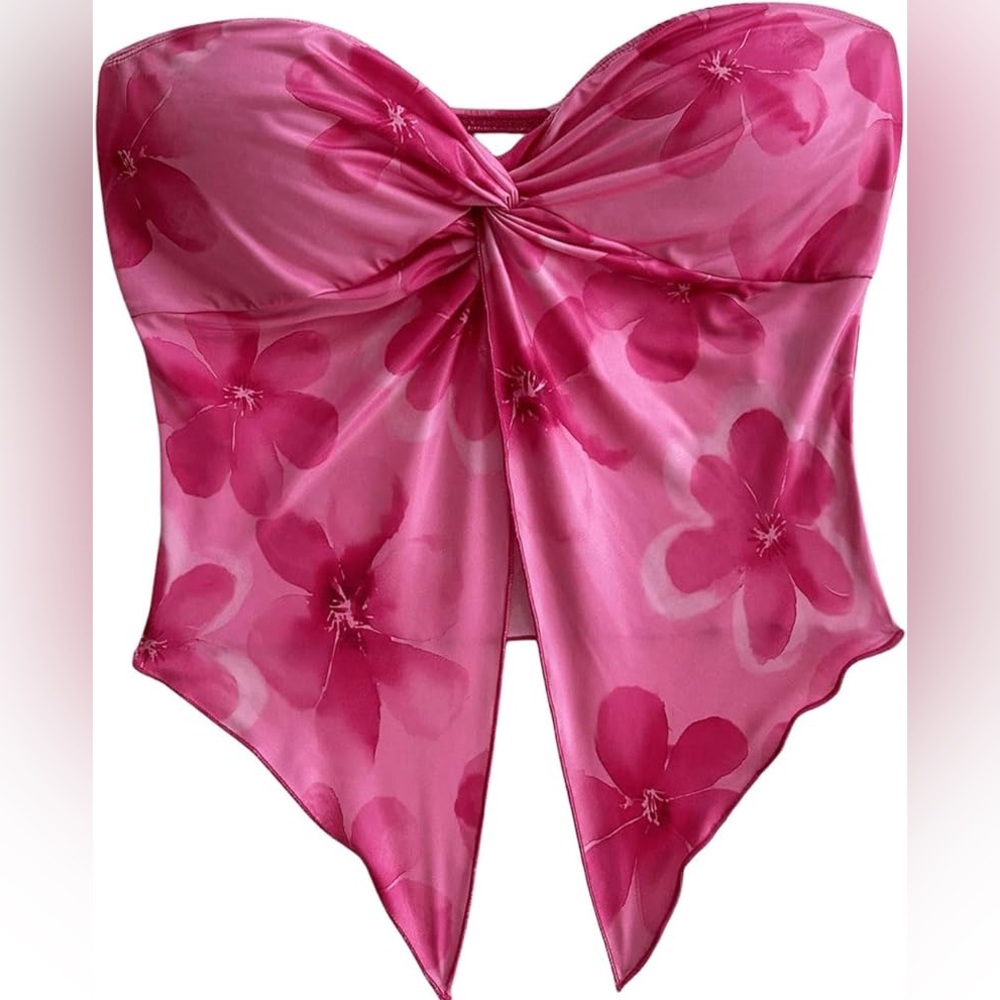 SHEIN Pink Floral Print Strapless Twist Front Split Hem Tube Top - Size S